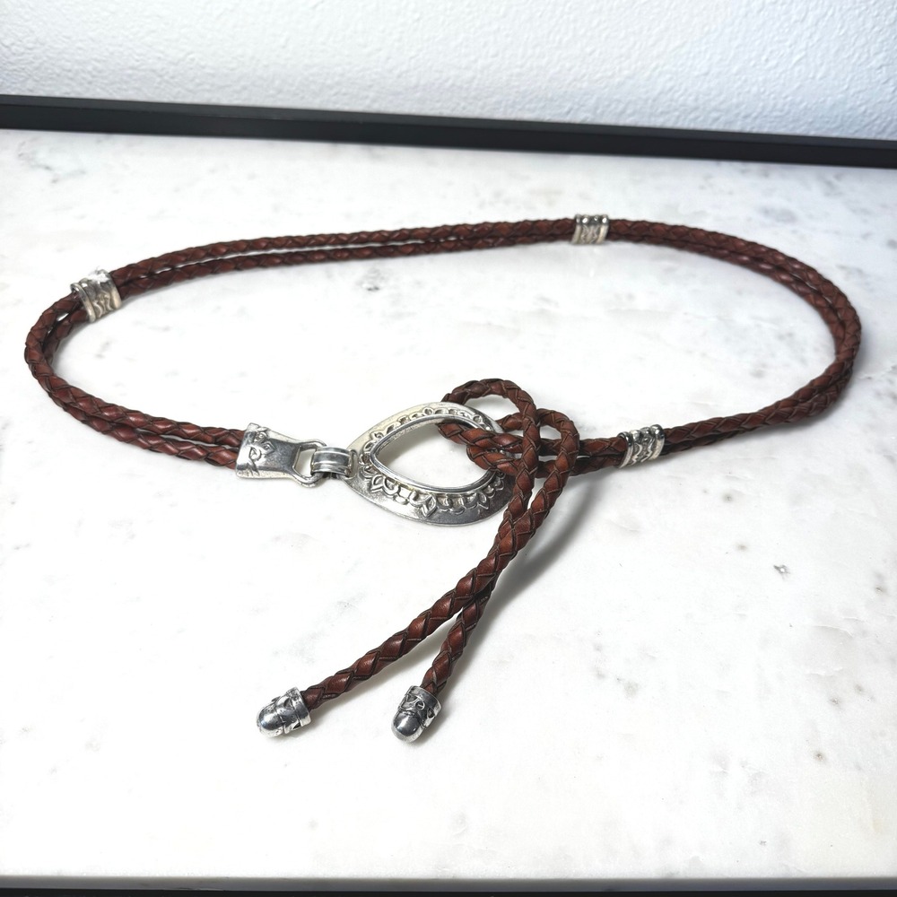 Vintage 1994 Braided Leather Bolo Belt Brown Silver Western Southwestern Boho